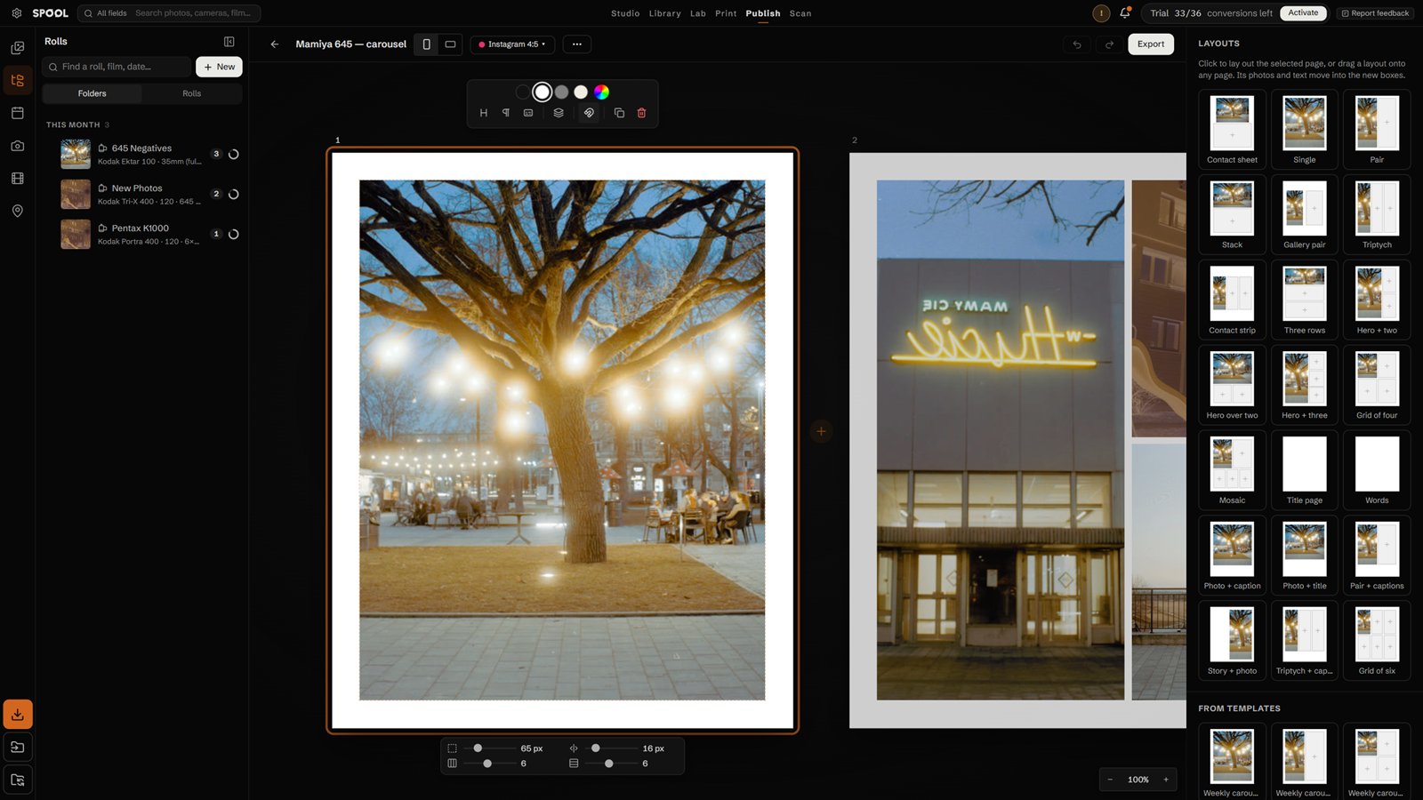 Publish: a carousel being laid out, with the page settings above and below the page