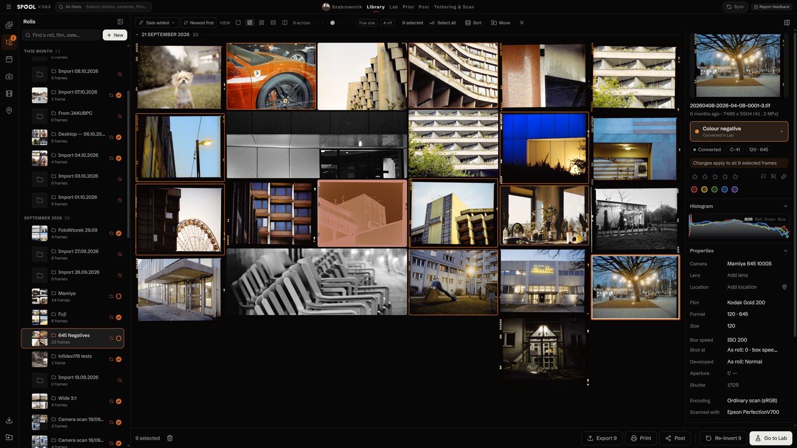 Library: rolls by month on the left, a roll of 645 frames in order